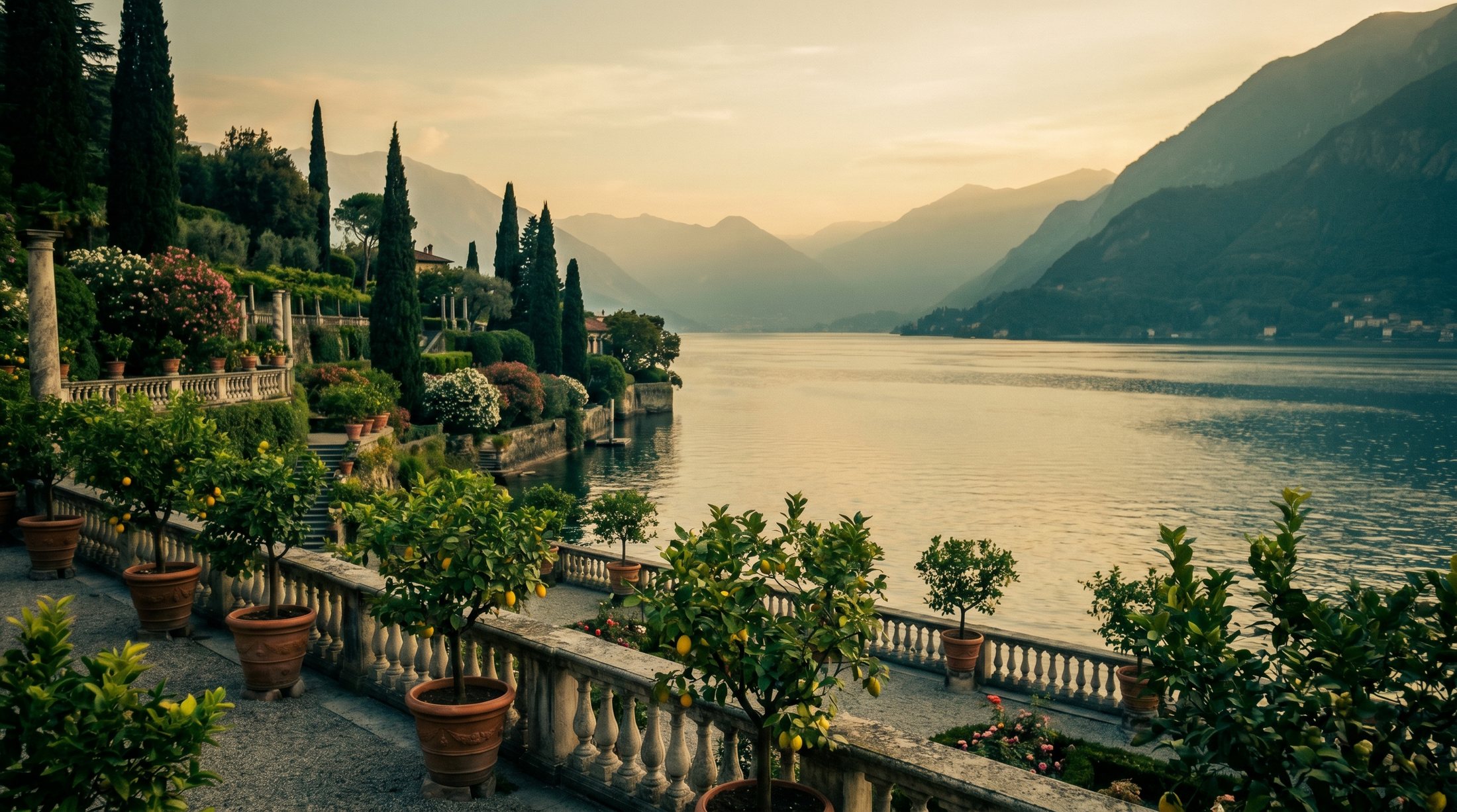Sunset over a lakeside village on Lake Como