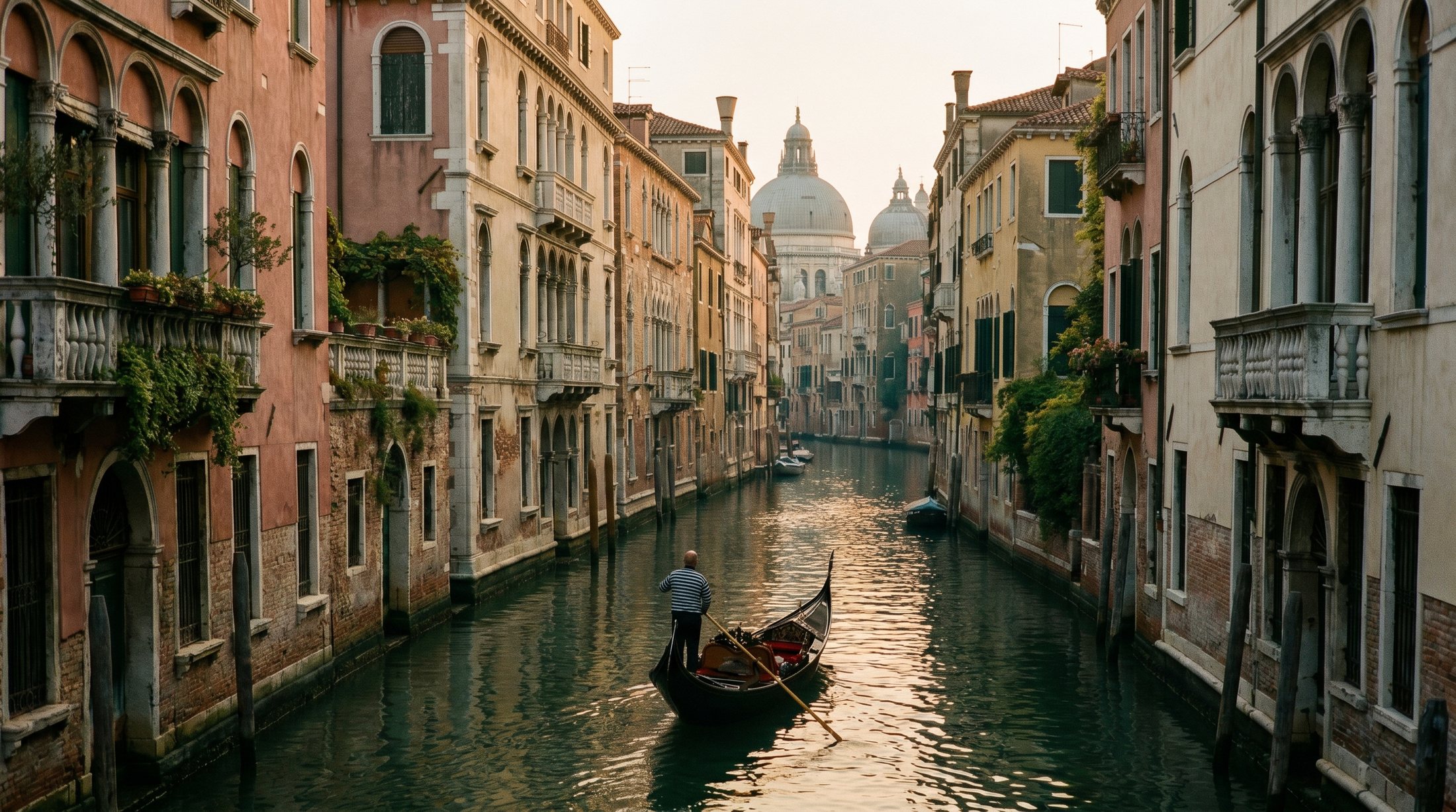 A gondola gliding through a quiet Venetian canal