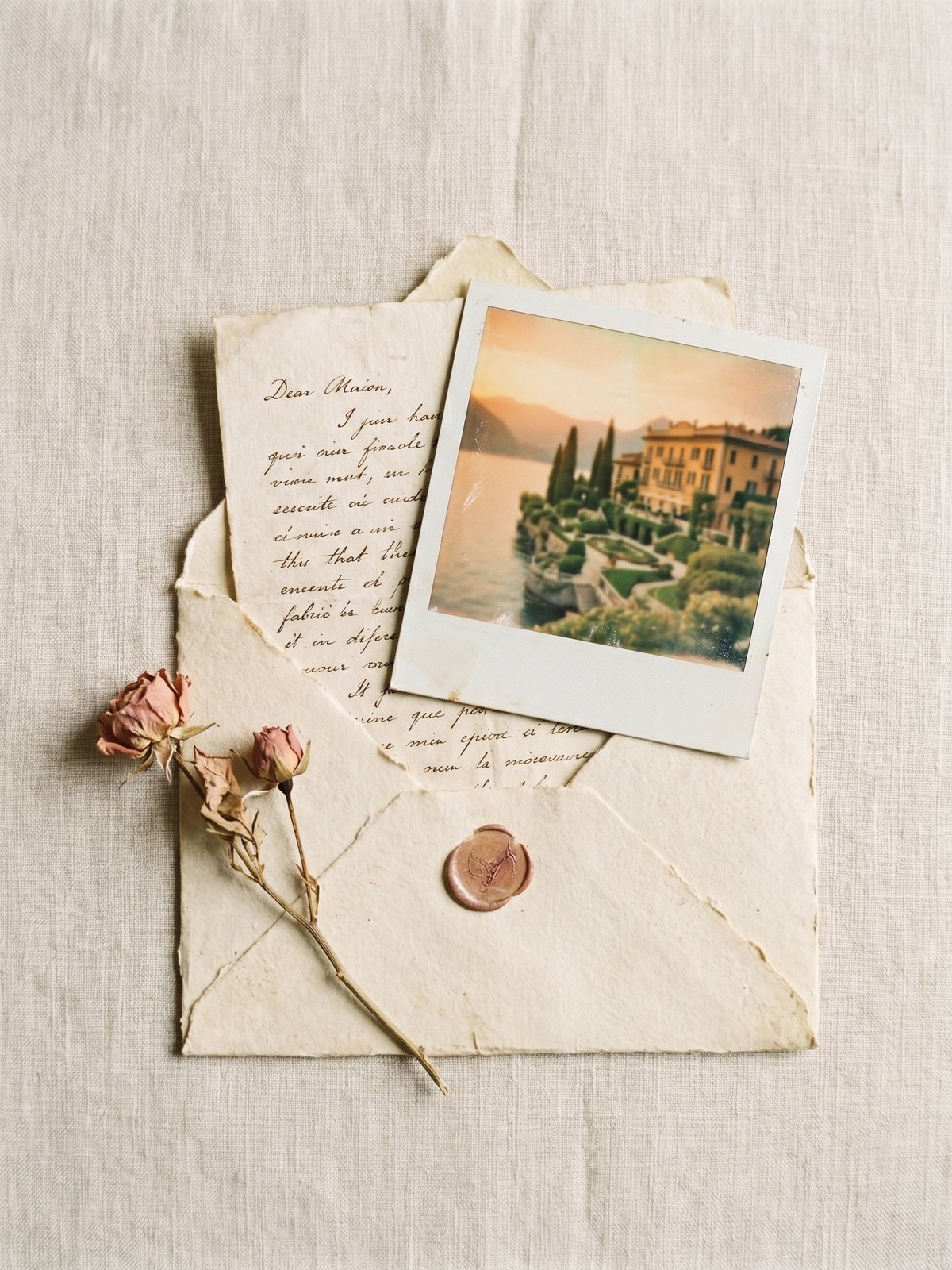 A vintage love letter and envelope with a faded Polaroid of a Lake Como hotel