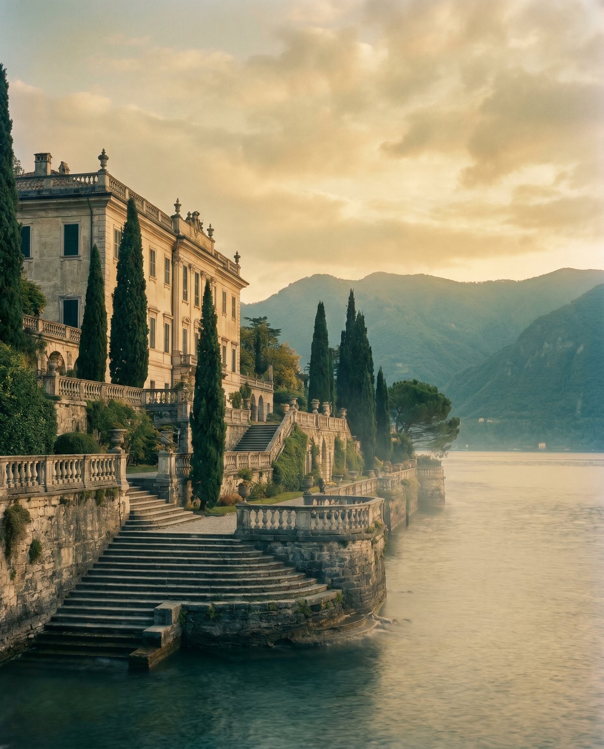 A lakeside villa with cypress gardens on Lake Como at dusk